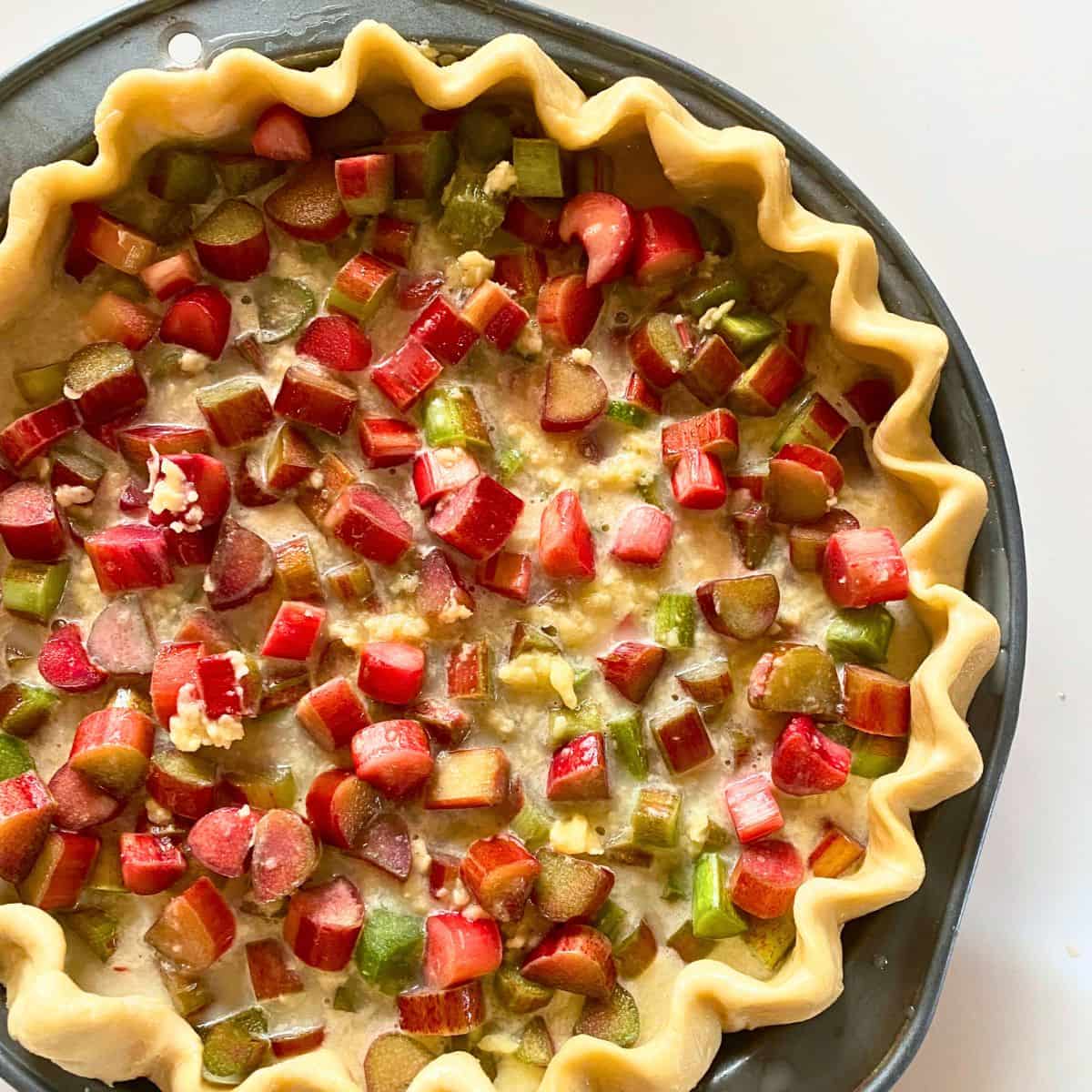 A pie with rhubarb and red and green toppings on a grey tin